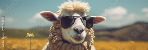 cute funny sheep in glasses with sunglasses and a funny face photo