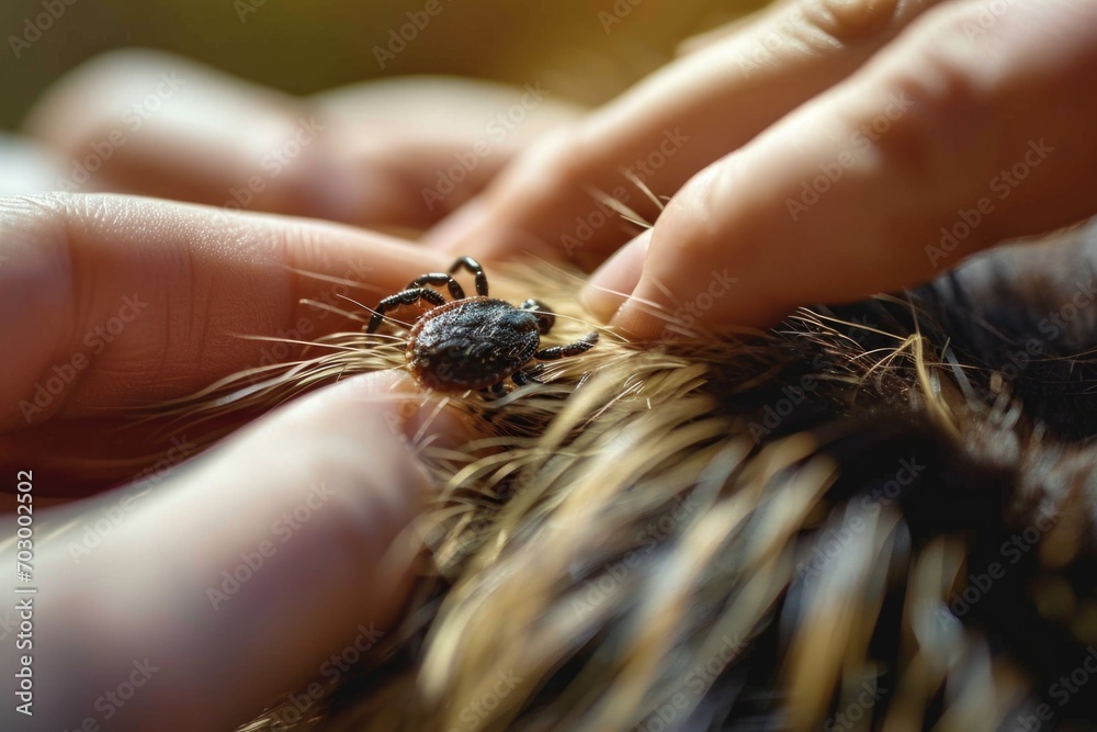A close-up photograph captures hands carefully separating an animal's fur to examine its skin, revealing a tick or tiny insect