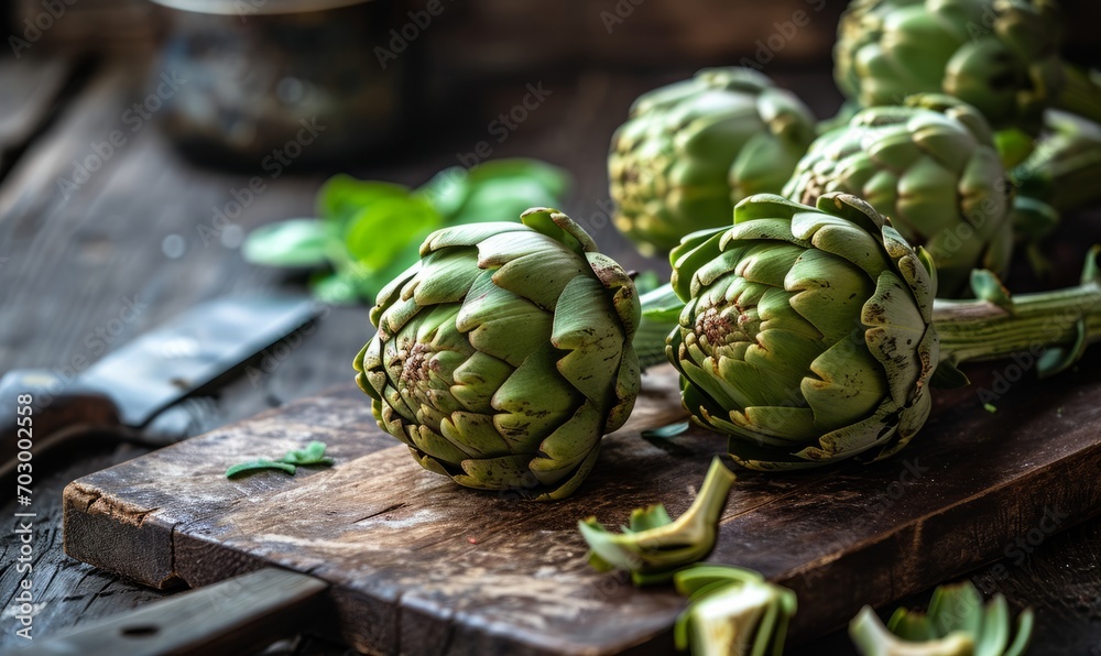 Obraz premium Fresh artichokes on a rustic wooden board with a knife.