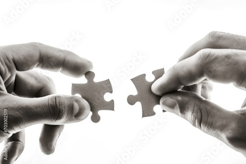 The image captures two hands, one belonging to an adult and the other to a younger individual, each holding a puzzle piece's edge, ready to connect them