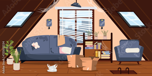 Vector illustration of a neglected, dirty attic room. Cartoon scene of a cluttered attic with an old sofa with stains, an armchair, a bookcase, vases with dust, cobwebs, boxes, a package.