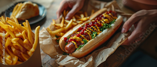 A man savors a juicy hot dog with toppings and fries