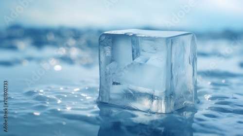  a block of ice floating on top of a body of water with a blue sky in the backround.