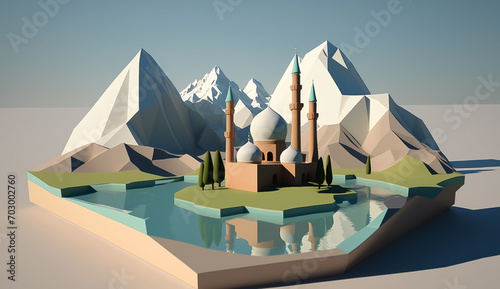 Low poly mosque and mountain