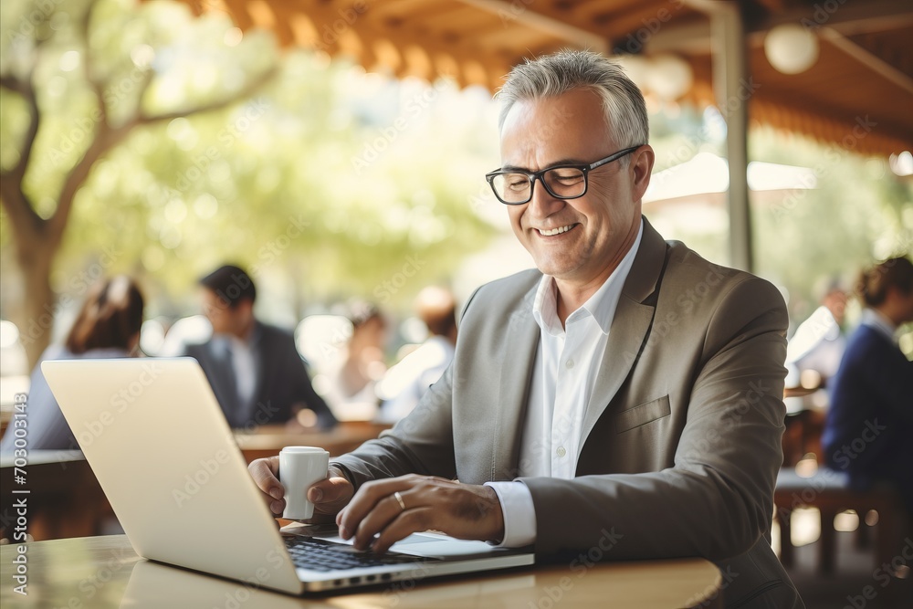Successful asian businessman typing on laptop in cafe, remote work and freelance concept. Successful asian businessman typing on laptop in cafe, remote work and freelance concept.