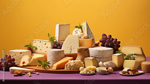 Cheese and Purple Grapes on Wooden Board over Pink Tablecloth
