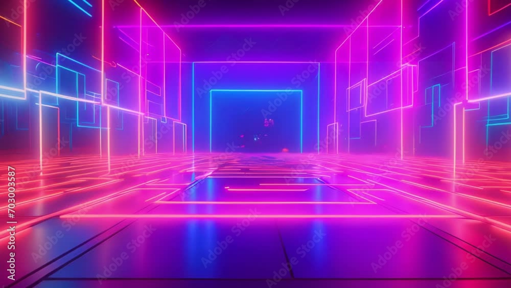 Futuristic neon light corridor with glowing abstract geometric shapes Futuristic neon light corridor with glowing abstract geometric shapes