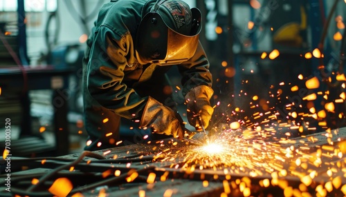 Welder at work in an industrial setting with sparks flying