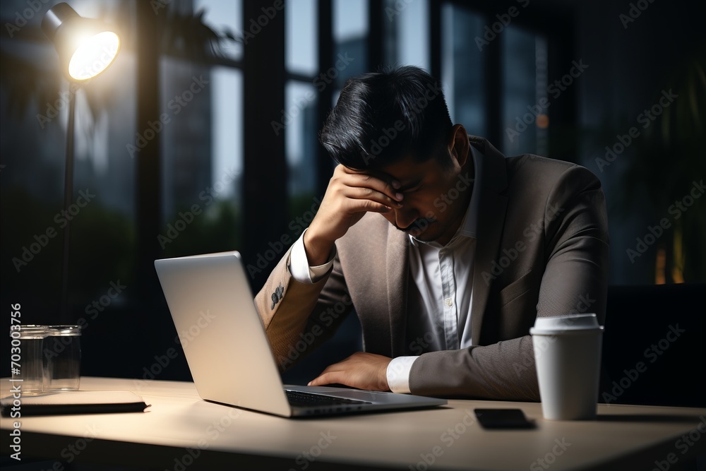 Tired businessman resting at desk, overworked office worker taking a break from laptop Tired businessman resting at desk, overworked office worker taking a break from laptop