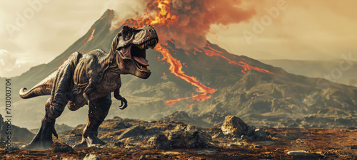 Tyrannosaurus Rex dinosaur before volcanic eruption with copy space © BraveSpirit