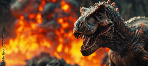 Tyrannosaurus Rex dinosaur before volcanic eruption with copy space