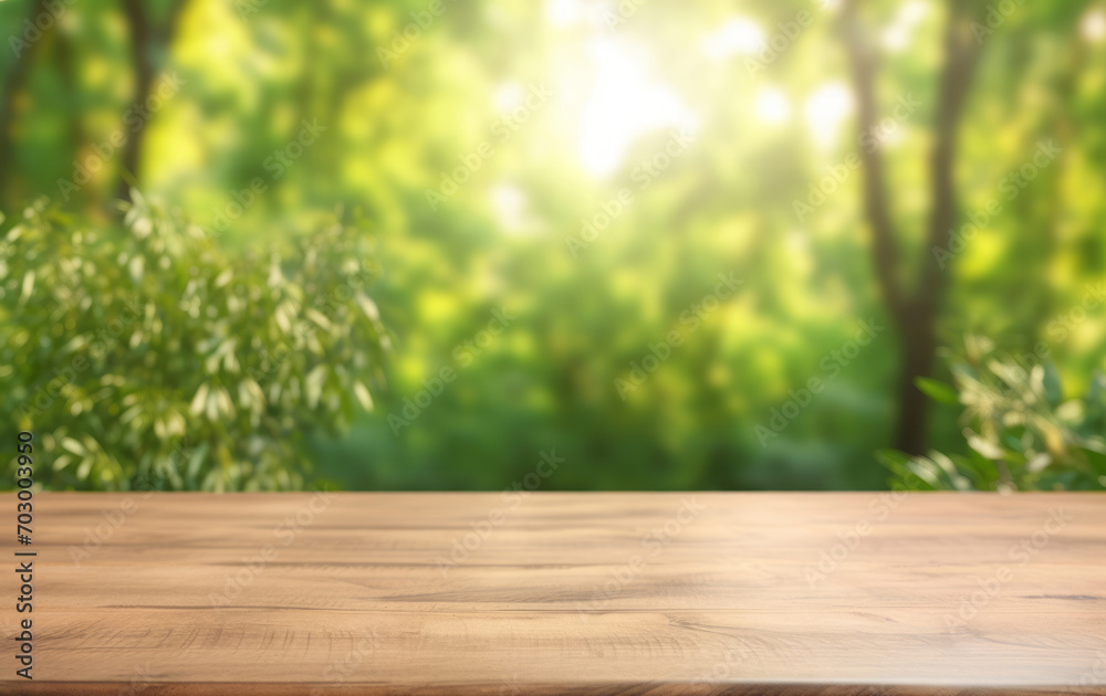 Empty wooden table top with a view of the green tree Empty wooden table top with a view of the green tree
