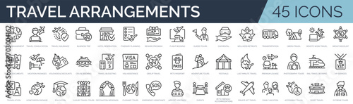 Set of 45 outline icons related to travel arrangement. Linear icon collection. Editable stroke. Vector illustration