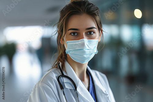 mujer doctora portando mascarilla quirúrgica, bata blanca y estetoscopio sobre fondo desenfocado de pasillo de hospital photo