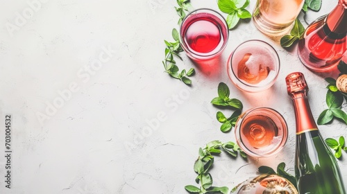 Assorted glasses of wine and a bottle, with fresh green basil leaves on a white textured background. Ideal for culinary and lifestyle themes, copy space