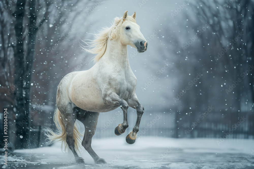 white Friesian stallion galloping field.