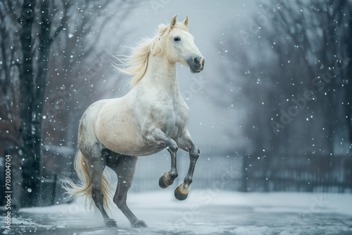 white Friesian stallion galloping field. © Maria Moroz