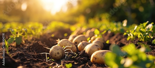 Sowing organic potatoes with sprouts in the sun.