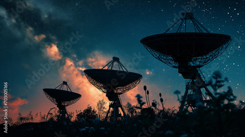 Big radio antennas stand tall under the celestial night with sunrise light