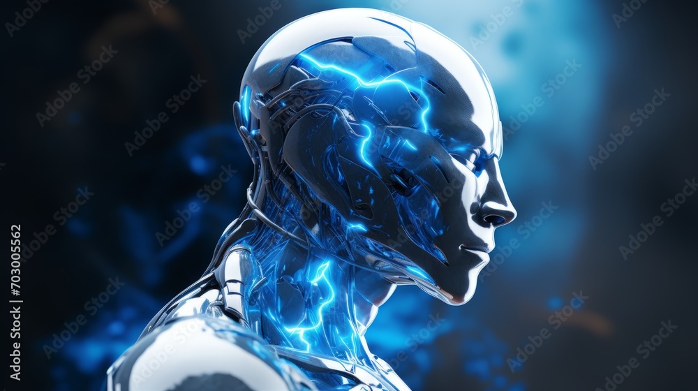 High-tech robot with blue energy in the form of lightning, AI High-tech robot with blue energy in the form of lightning, AI