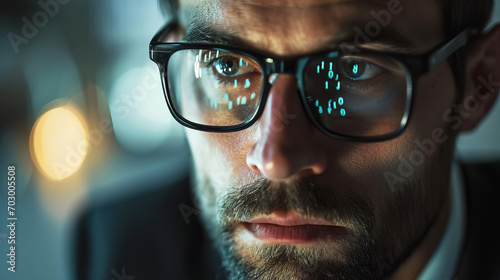 portrait of a pensive and worried bearded businessman with a reflection of a computer screen in his glasses photo