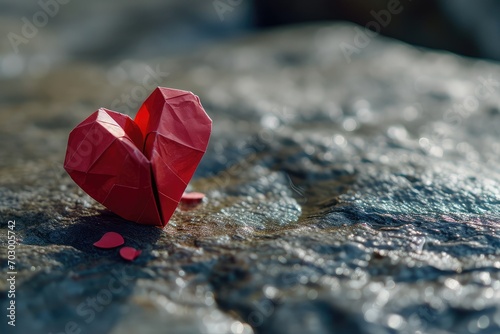 A delicate origami heart placed carefully on a smooth stone surface, a minimalist and artistic setting for profound and thoughtful love messages copy-space photo