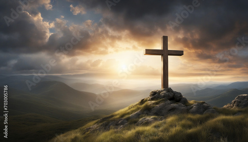 The Crucifixion and Resurrection of Jesus Christ with Sunlight and Clouds