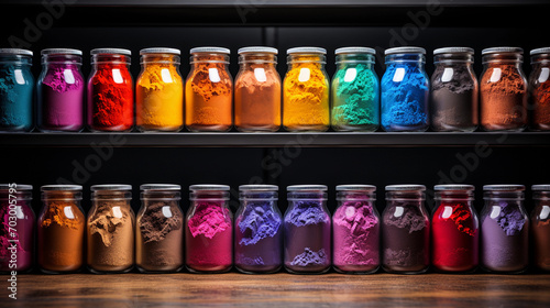 Rows of Glass Bottles Filled with Colorful Powder on Shelf