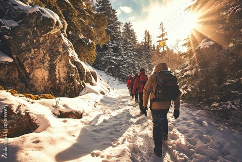 A group of friends on a winter hike, the crunch of snow underfoot and the crisp air a refreshing escape from the hustle and bustle of everyday life.