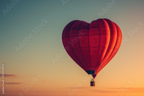 A heart-shaped hot air balloon floating against a clear sunrise background, a hopeful and uplifting space for aspirational love messages copy-space