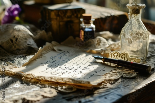 A lace-adorned table setting with a blank love letter and a vintage ink bottle, an inviting scene for romantic prose copy-space photo