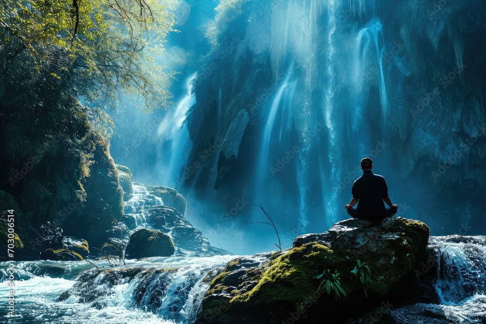 A person meditating by a cascading waterfall, the sound of rushing water a natural symphony, bringing inner peace and a sense of oneness with the environment. - obrazy, fototapety, plakaty 