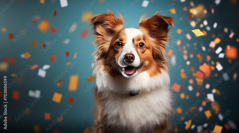 Joyful puppy wearing party hat celebrating birthday party with falling confetti on pastel background