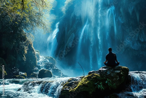 Canvastavla A person meditating by a cascading waterfall, the sound of rushing water a natural symphony, bringing inner peace and a sense of oneness with the environment