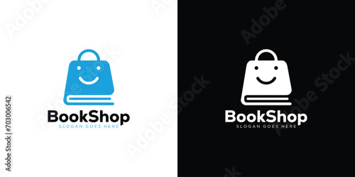 Creative Book Shop Logo. Book and Shopping Bag with Modern Style. Happy Book Store Logo Icon Symbol Vector Design Template.