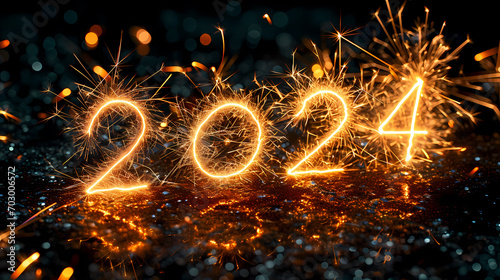 Happy New Year 2024, shiny burning text "Happy New Year 2024" isolated on black background