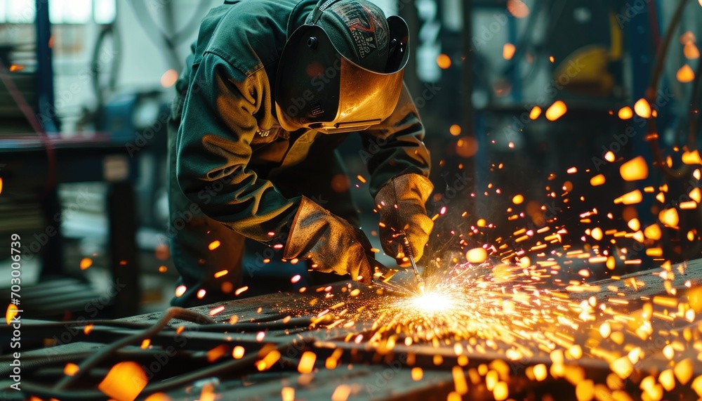 Welder at work in an industrial setting with sparks flying Welder at work in an industrial setting with sparks flying