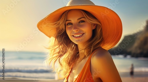 Portrait of a beautiful young woman in orange bikini and hat on the beach at sunset