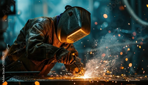 Welder at work in industrial setting creating sparks