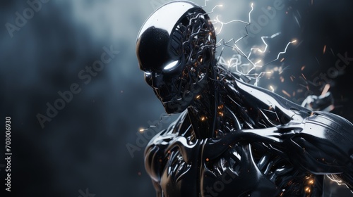 High-tech black robot with energy in the form of lightning, AI