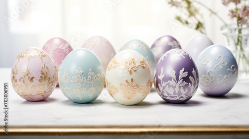  a group of painted eggs sitting on top of a table next to a vase filled with purple and white flowers.
