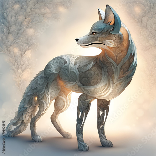 A cute four-legged fox wearing all-metal armor  with intricate detailing  against the backdrop of an ethereal glowing forest