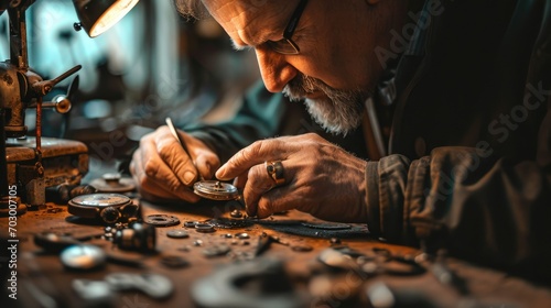 Watchmaker in workshop fixing a watch photo