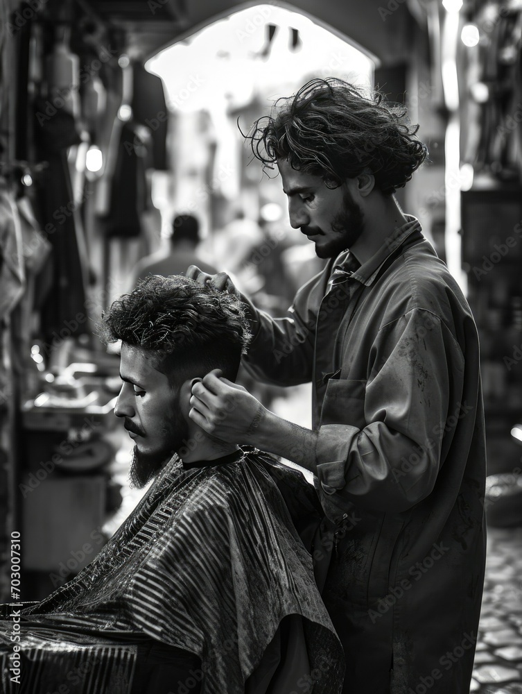 Barber giving a haircut in a rustic outdoor setting