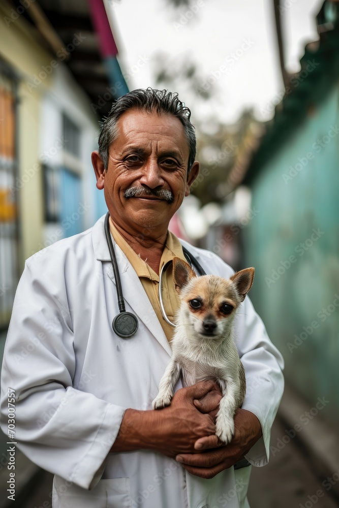Veterinarian holding a small dog in an outdoor setting