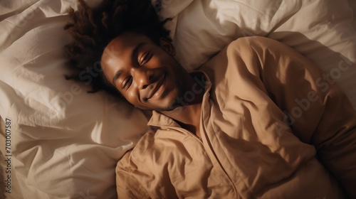 Candid photo of Top View Apartment Beautiful Young black man Sleeps Charmingly in His Bed, Greets a New Day with Happiness and Smiles, generative ai.