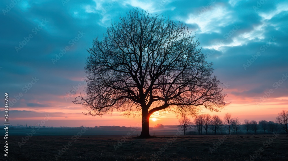 A picturesque scene of the sunrise in the blue hour, with tree silhouettes creating a striking contrast against the sky in shades of blue and violet. A picturesque scene of the sunrise in the blue hour, with tree silhouettes creating a striking contrast against the sky in shades of blue and violet.