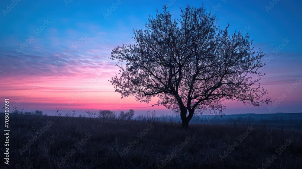 A beautiful view of the sunrise during the blue hour, with the silhouettes of trees against a sky blushing in shades of blue and violet A beautiful view of the sunrise during the blue hour, with the silhouettes of trees against a sky blushing in shades of blue and violet