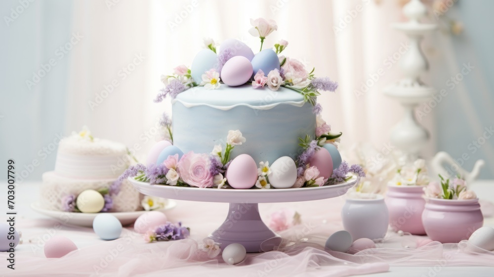 a blue cake sitting on top of a table covered in pink and white flowers next to a cake with eggs on top of it. a blue cake sitting on top of a table covered in pink and white flowers next to a cake with eggs on top of it.