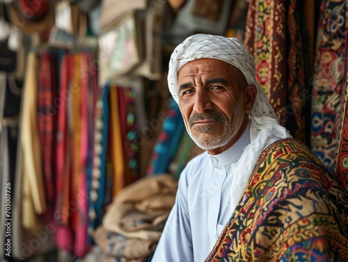 Portrait of a Middle Eastern man in a traditional market setting